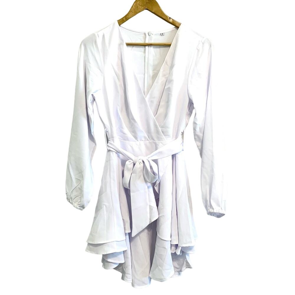 White Long Sleeve Surplice Ruffle Mini Dress